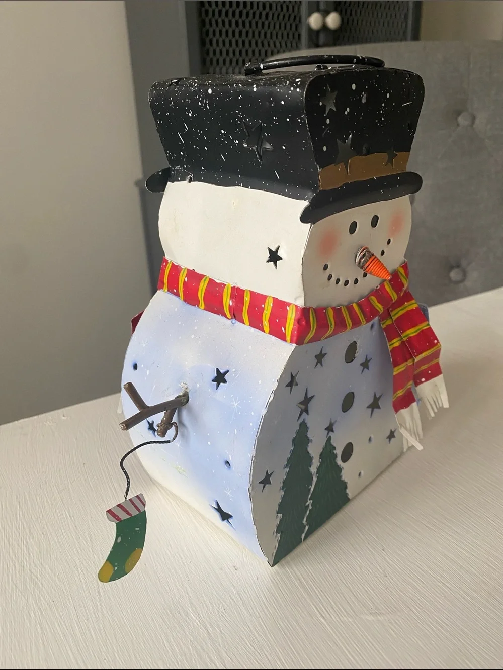 Hand-Painted Metal Snowman Holiday Lantern with Red Scarf Candle Holder